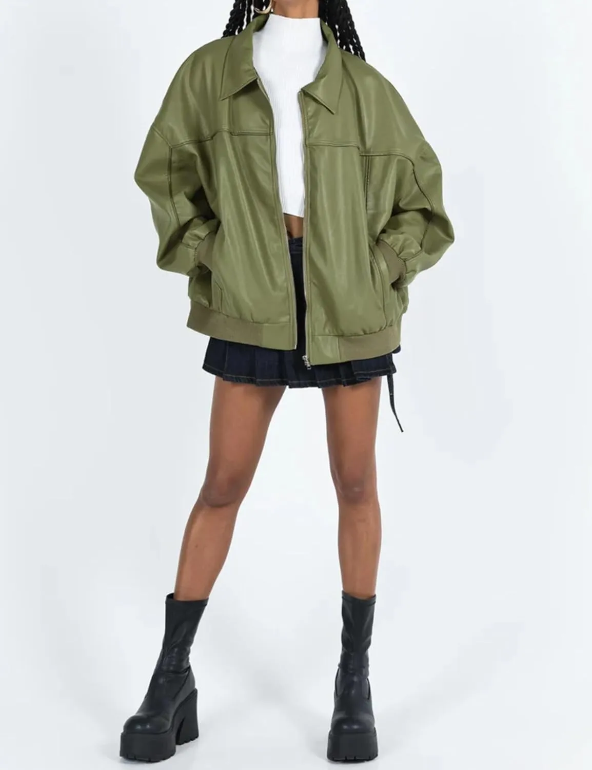 EsheSy Women's Oversized Leather Jacket Faux Boyfriend Motorcycle Full Zip Bomber Jacket with Pockets