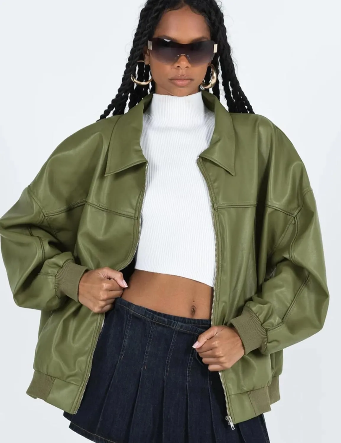 EsheSy Women's Oversized Leather Jacket Faux Boyfriend Motorcycle Full Zip Bomber Jacket with Pockets