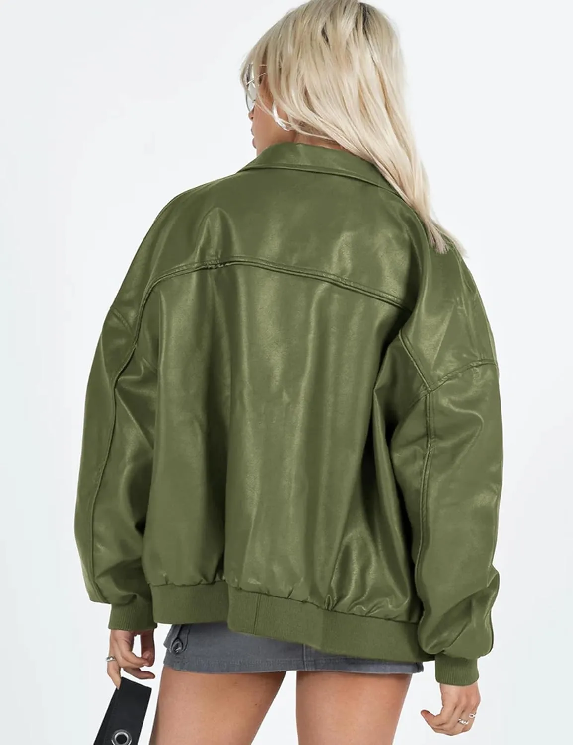 EsheSy Women's Oversized Leather Jacket Faux Boyfriend Motorcycle Full Zip Bomber Jacket with Pockets