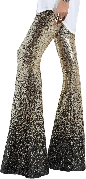 EVALESS Women Sequin Pants Sparkly Glitter High Waisted Wide Leg Flare Trousers Bell Bottom Night Out Clubwear