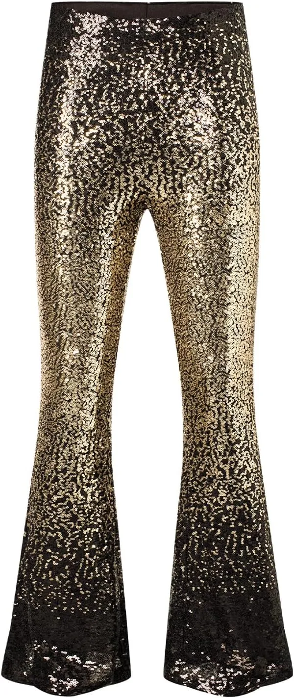EVALESS Women Sequin Pants Sparkly Glitter High Waisted Wide Leg Flare Trousers Bell Bottom Night Out Clubwear
