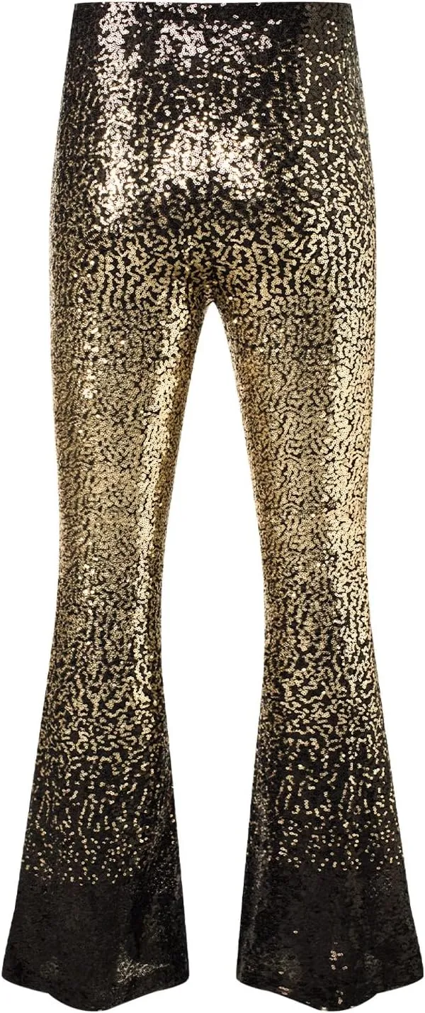 EVALESS Women Sequin Pants Sparkly Glitter High Waisted Wide Leg Flare Trousers Bell Bottom Night Out Clubwear