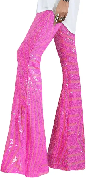 EVALESS Women Sequin Pants Sparkly Glitter High Waisted Wide Leg Flare Trousers Bell Bottom Night Out Clubwear