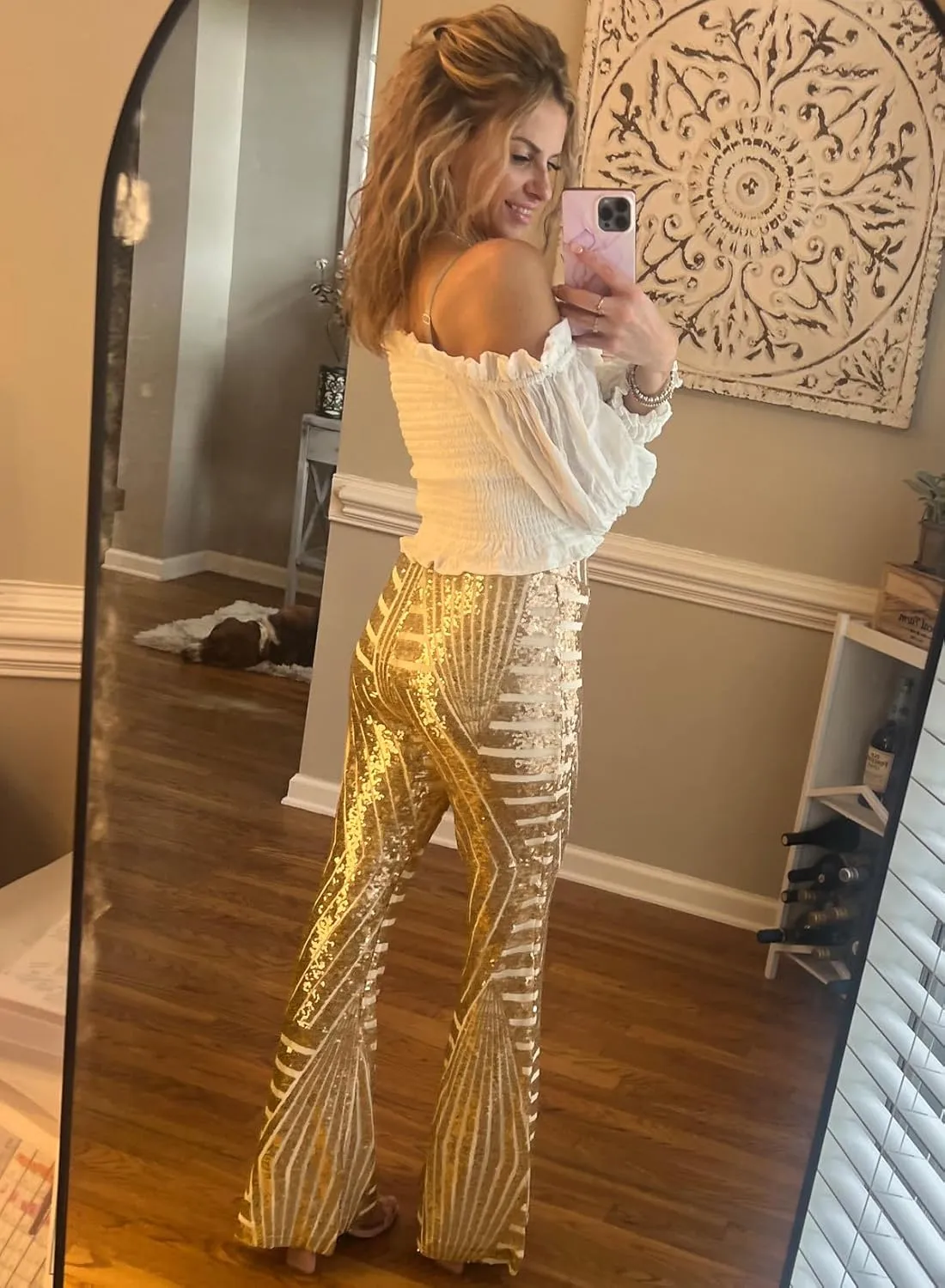 EVALESS Women Sequin Pants Sparkly Glitter High Waisted Wide Leg Flare Trousers Bell Bottom Night Out Clubwear