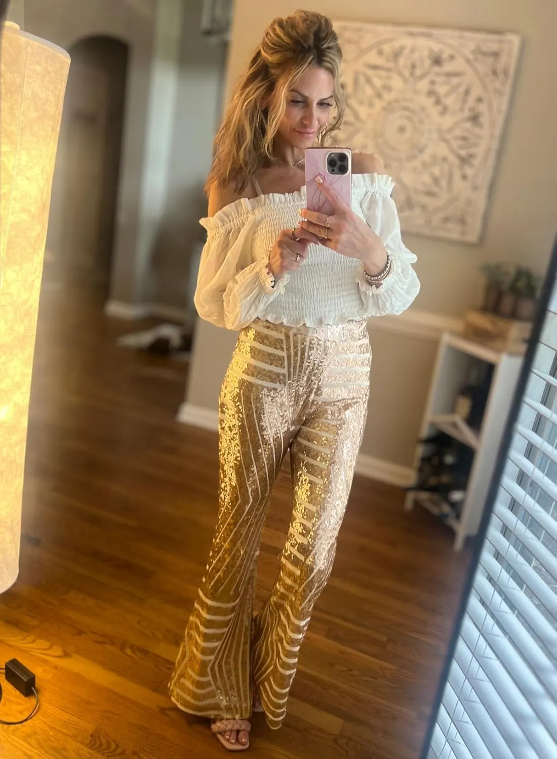 EVALESS Women Sequin Pants Sparkly Glitter High Waisted Wide Leg Flare Trousers Bell Bottom Night Out Clubwear