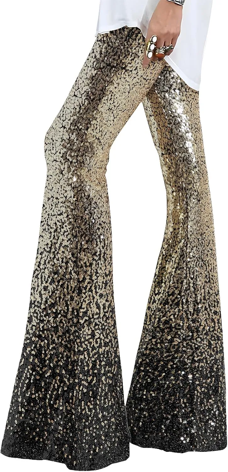 EVALESS Women Sequin Pants Sparkly Glitter High Waisted Wide Leg Flare Trousers Bell Bottom Night Out Clubwear