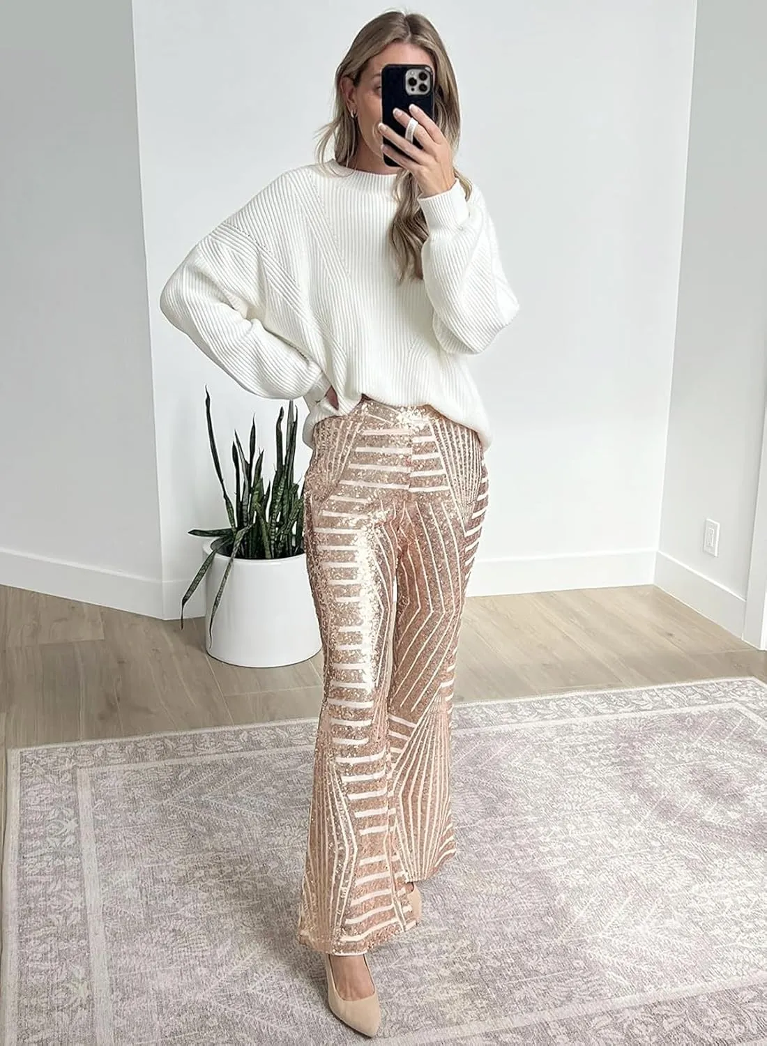 EVALESS Women Sequin Pants Sparkly Glitter High Waisted Wide Leg Flare Trousers Bell Bottom Night Out Clubwear