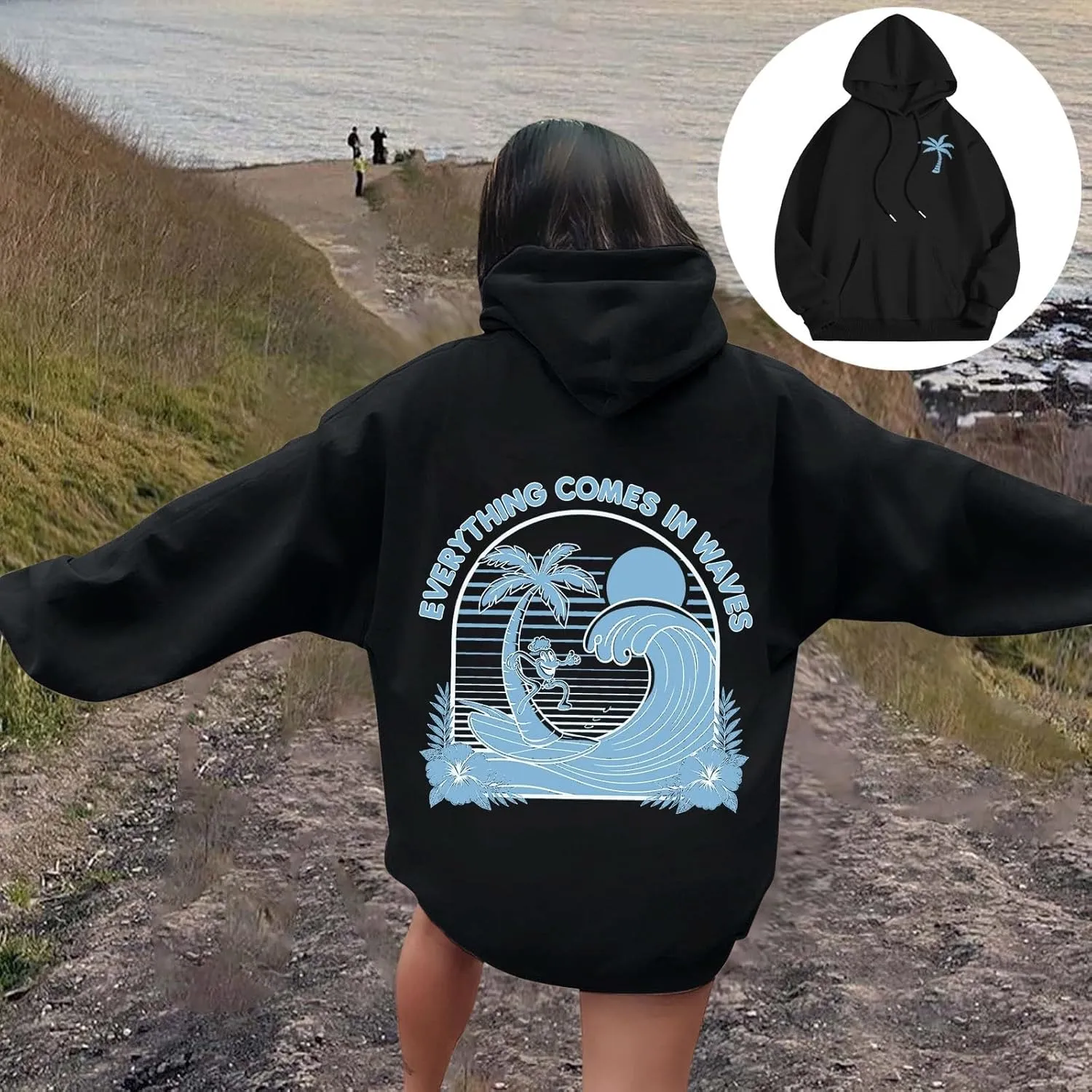 Everything Comes In Waves Sweatshirt For Women Long Sleeve Casual Sweatshirts Drawstring Pockets Comfort Fashion Hoodies