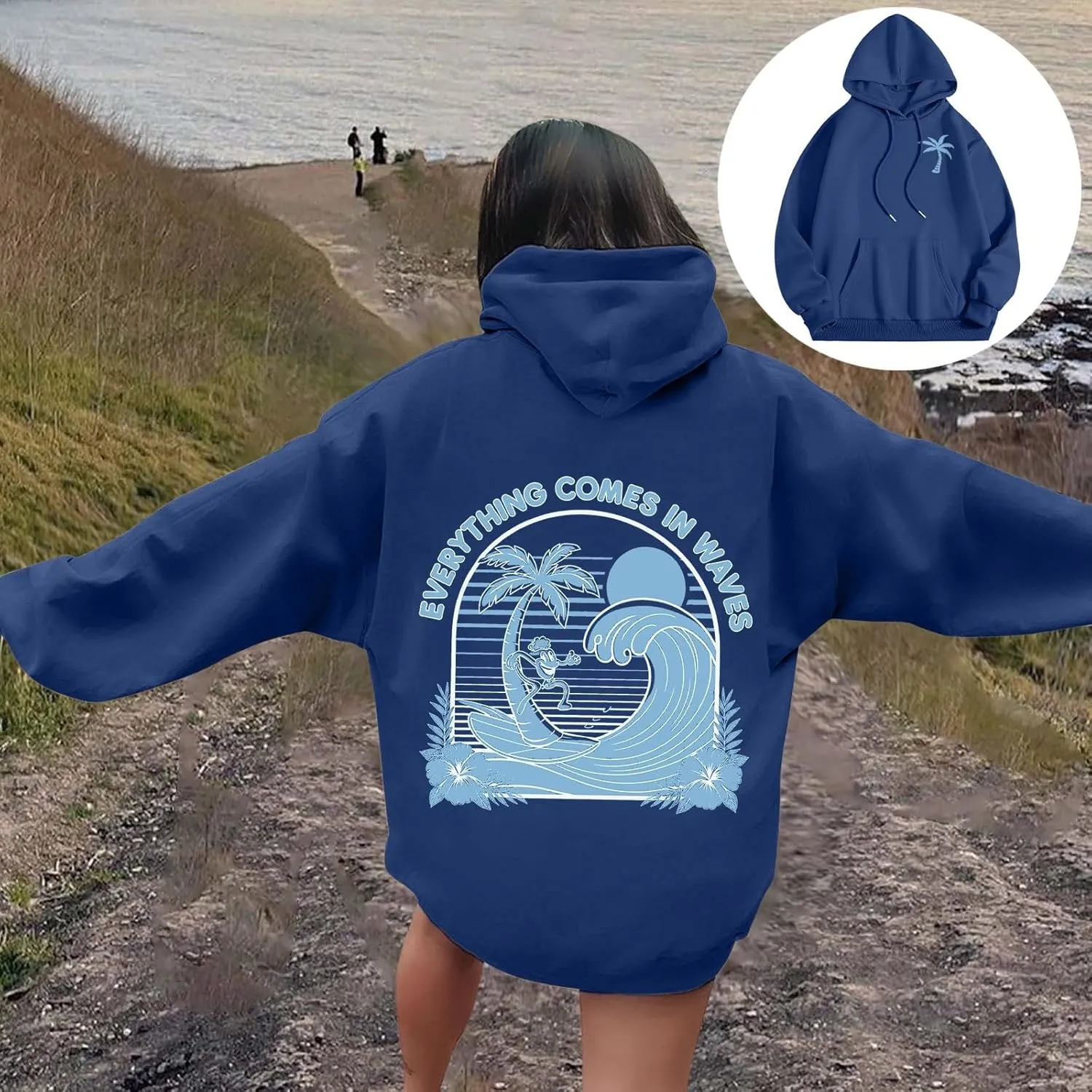 Everything Comes In Waves Sweatshirt For Women Long Sleeve Casual Sweatshirts Drawstring Pockets Comfort Fashion Hoodies