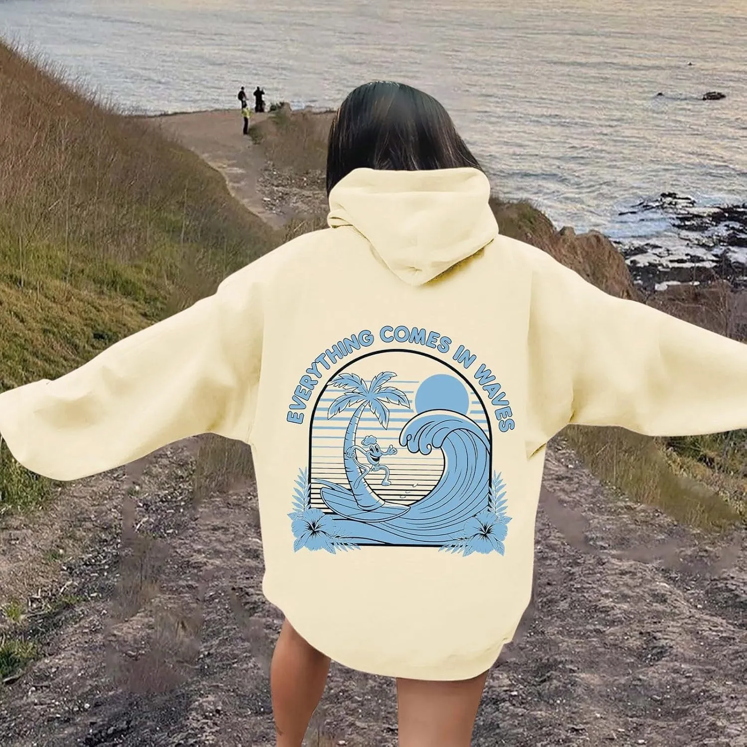 Everything Comes In Waves Sweatshirt For Women Long Sleeve Casual Sweatshirts Drawstring Pockets Comfort Fashion Hoodies