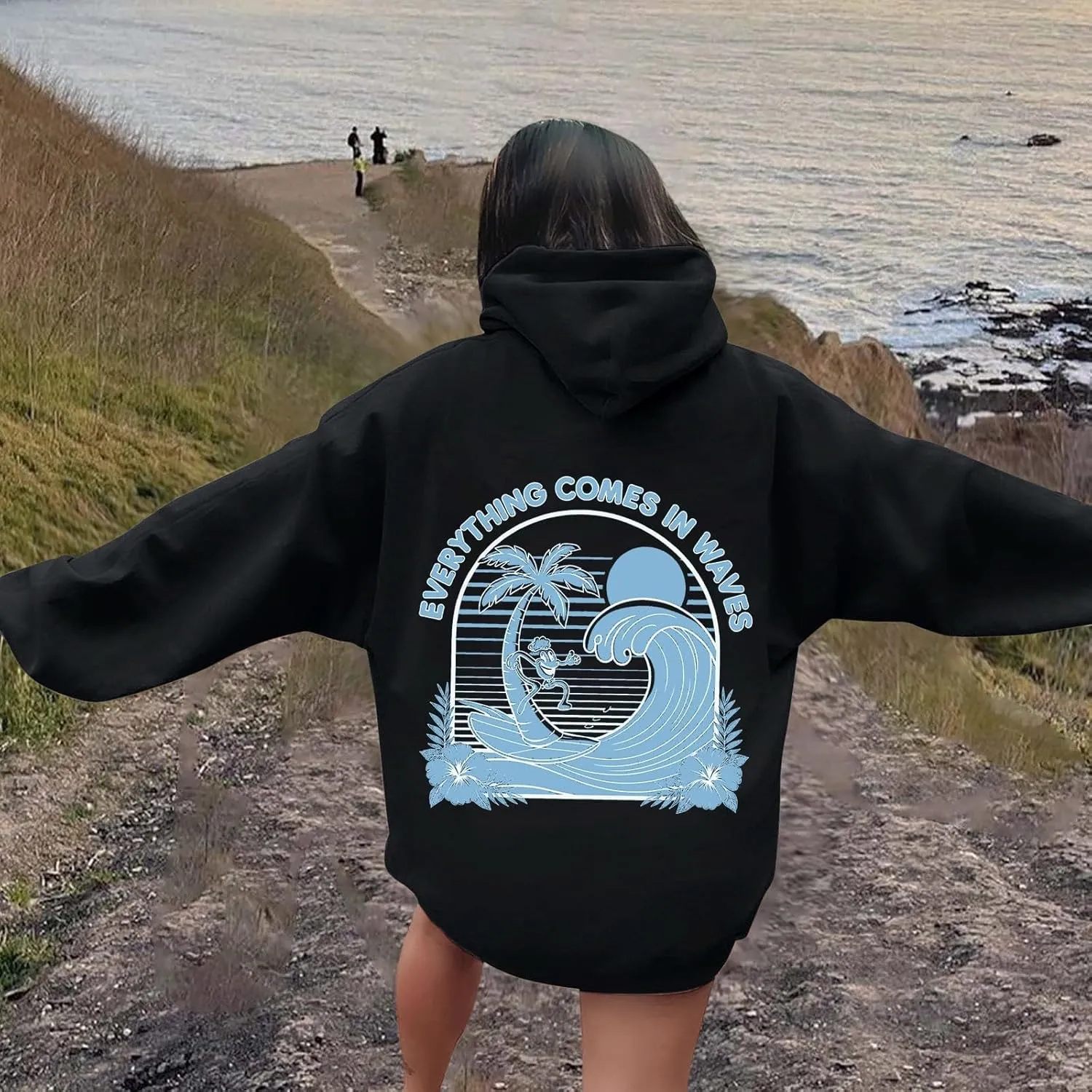 Everything Comes In Waves Sweatshirt For Women Long Sleeve Casual Sweatshirts Drawstring Pockets Comfort Fashion Hoodies