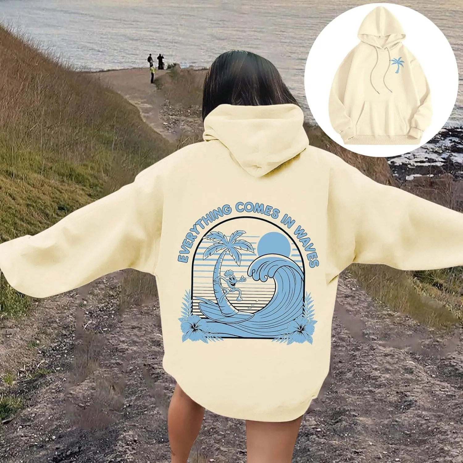 Everything Comes In Waves Sweatshirt For Women Long Sleeve Casual Sweatshirts Drawstring Pockets Comfort Fashion Hoodies