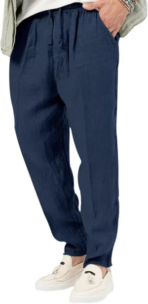 evzosrz Mens Casual Linen Cotton Pants Jogging Lightweight Elastic Waist Drawstring Trousers Yoga Beach Sweatpants Pockets