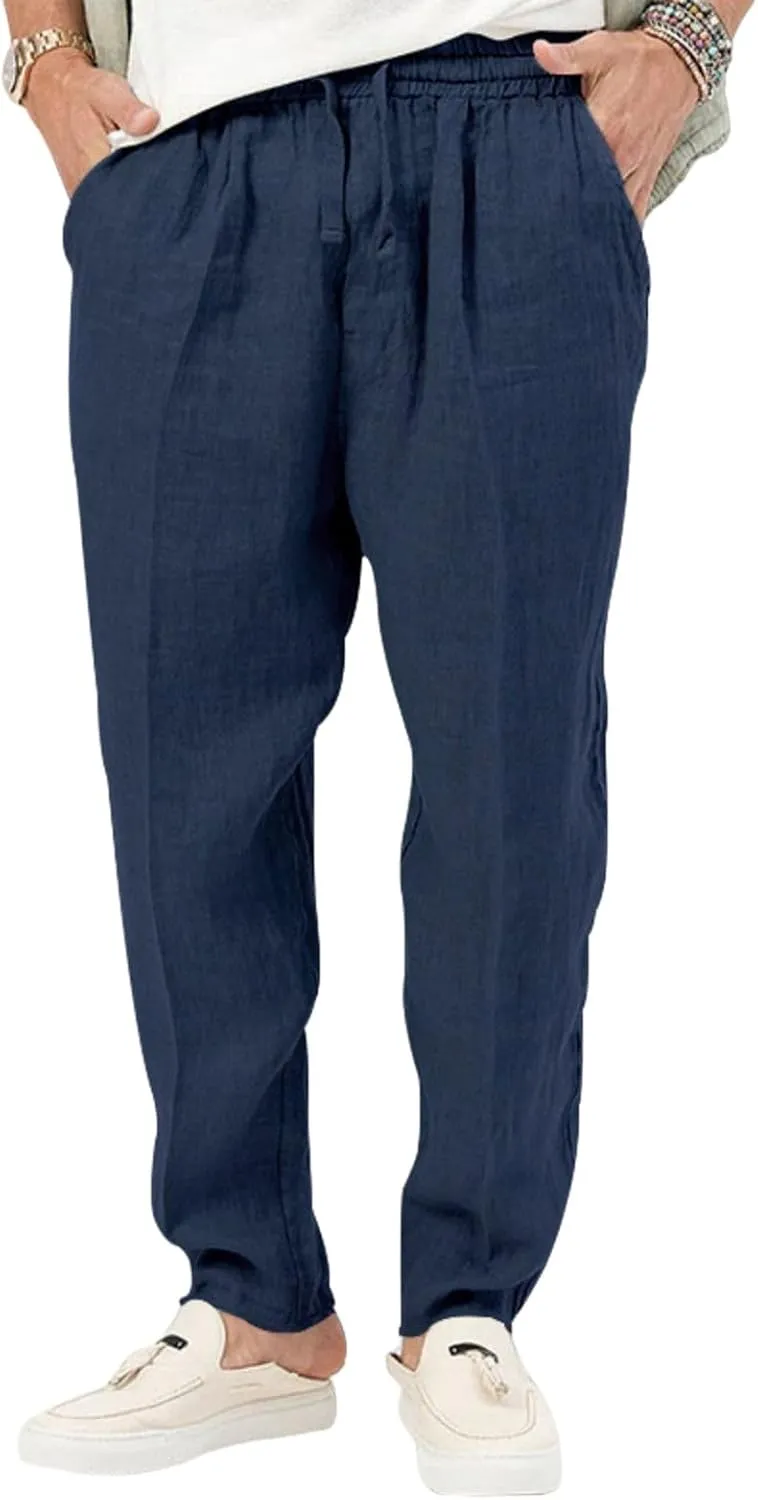 evzosrz Mens Casual Linen Cotton Pants Jogging Lightweight Elastic Waist Drawstring Trousers Yoga Beach Sweatpants Pockets