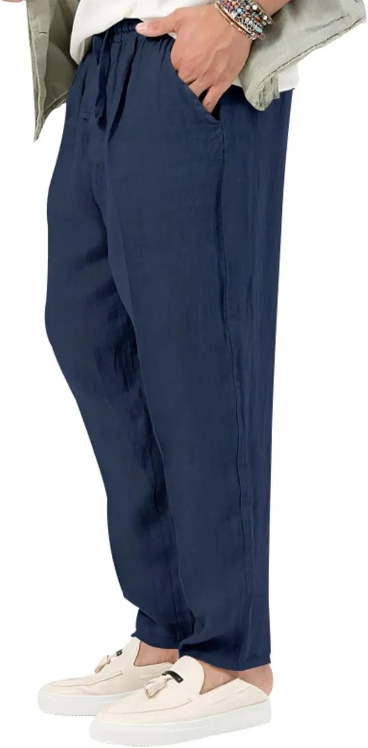 evzosrz Mens Casual Linen Cotton Pants Jogging Lightweight Elastic Waist Drawstring Trousers Yoga Beach Sweatpants Pockets