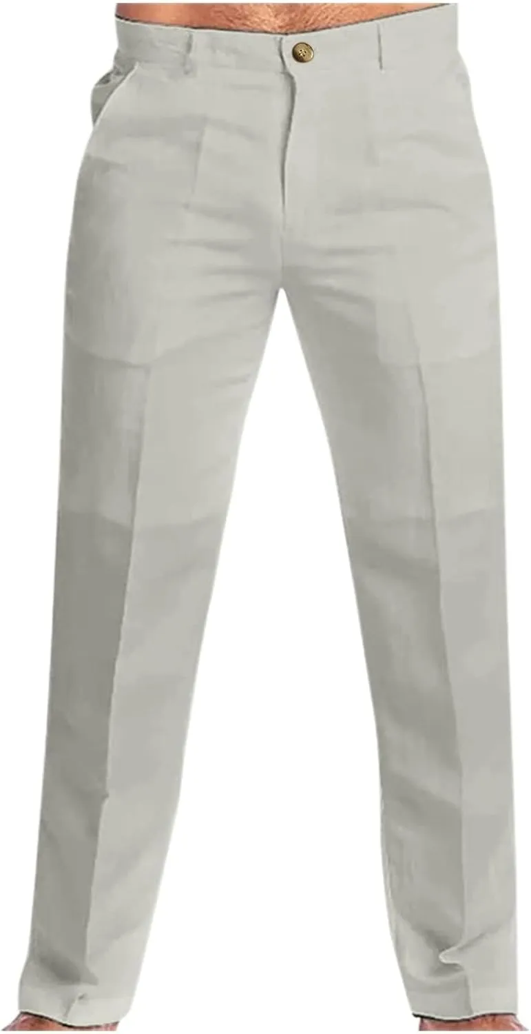 evzosrz Men's Casual Linen Pants Solid Loose Fit Fall Spring Trousers Lightweight Beach Yoga Pajamas Bottoms with Pockets