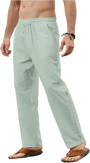 evzosrz Mens Linen Cotton Pants Casual Slim Fit Joggers Athletic Workout Solid Elastic Trousers Fall Beach Vacation Pant