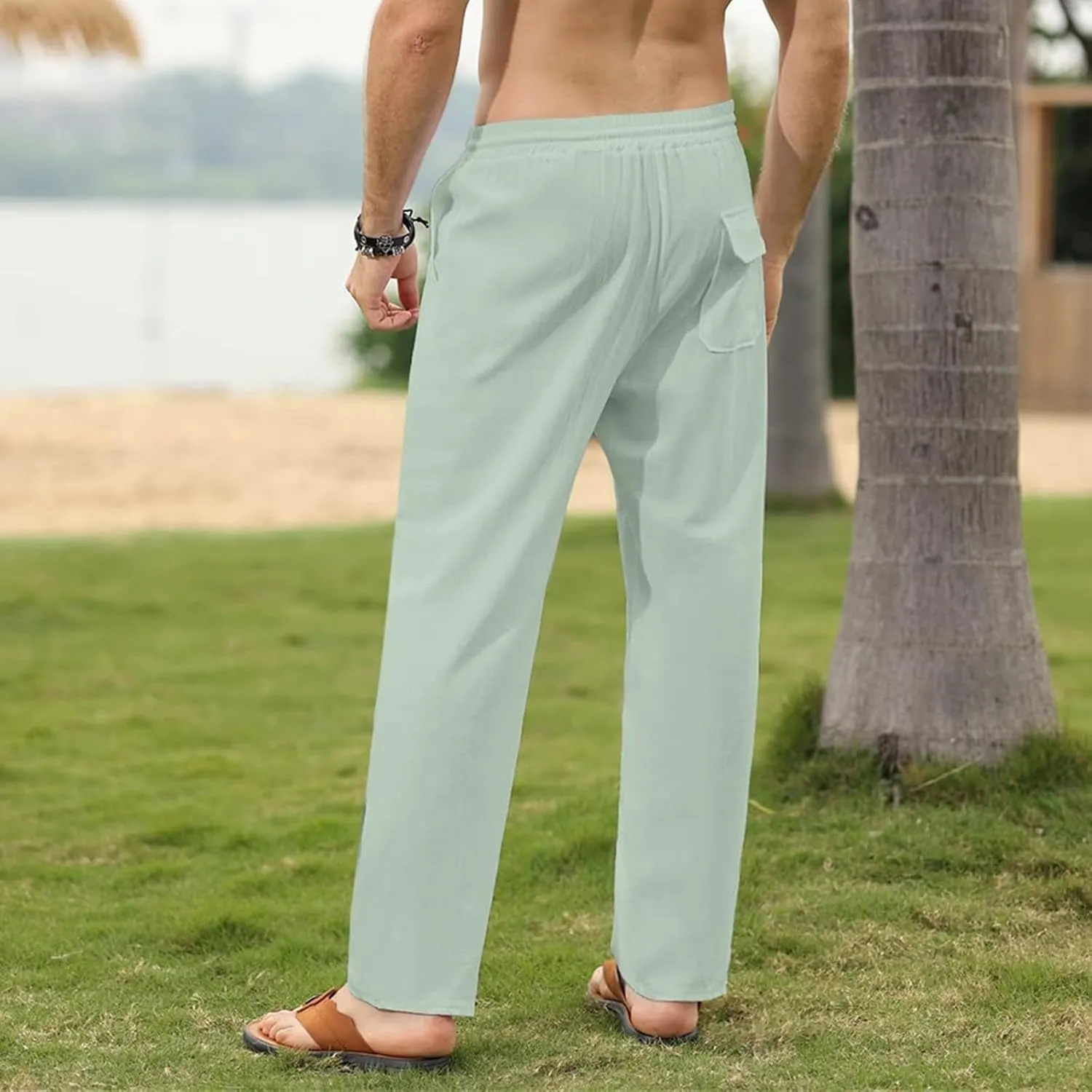 evzosrz Mens Linen Cotton Pants Casual Slim Fit Joggers Athletic Workout Solid Elastic Trousers Fall Beach Vacation Pant