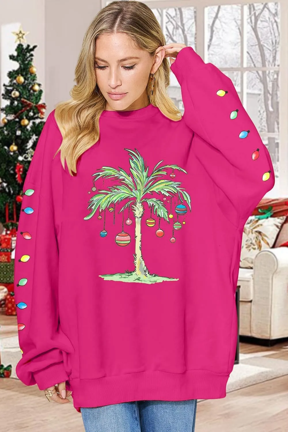 FAYALEQ Christmas Oversized Sweatshirts Women Christmas Palm tree Long Sleeve Shirt Xmas Beach Tropical Crewneck pullover