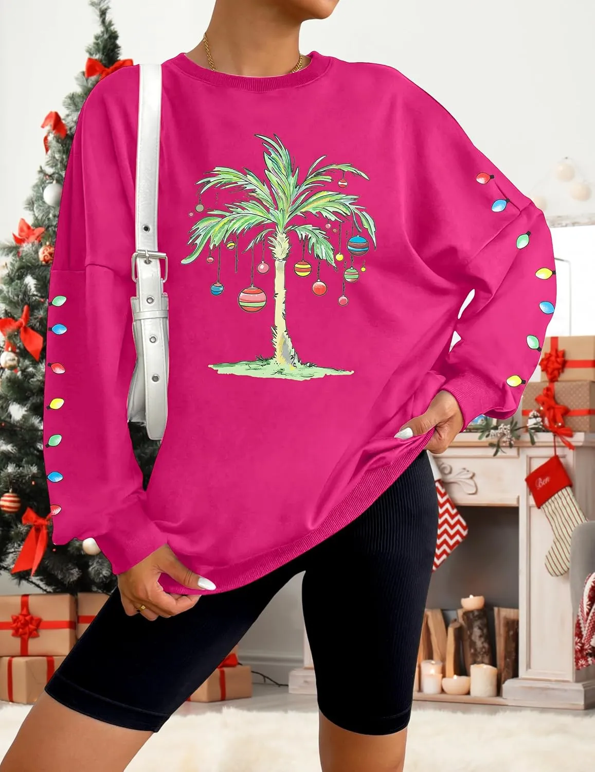 FAYALEQ Christmas Oversized Sweatshirts Women Christmas Palm tree Long Sleeve Shirt Xmas Beach Tropical Crewneck pullover