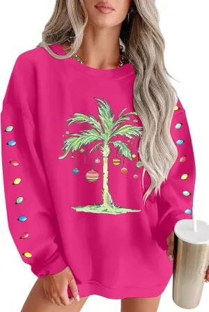 FAYALEQ Christmas Oversized Sweatshirts Women Christmas Palm tree Long Sleeve Shirt Xmas Beach Tropical Crewneck pullover