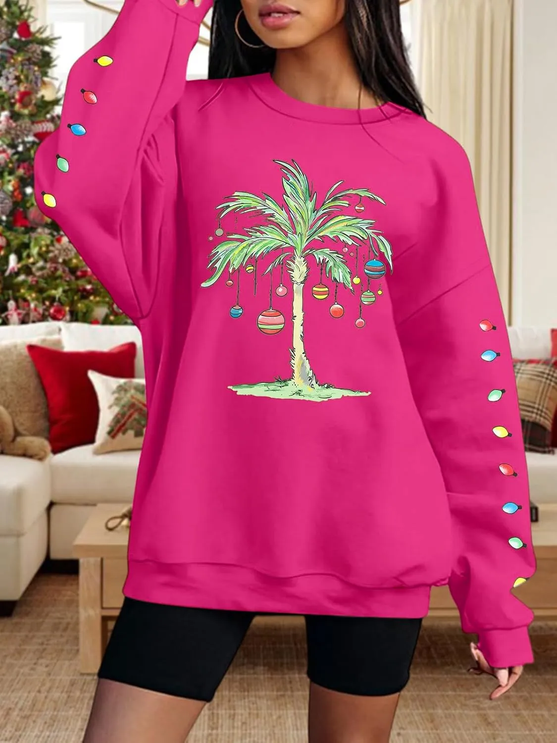 FAYALEQ Christmas Oversized Sweatshirts Women Christmas Palm tree Long Sleeve Shirt Xmas Beach Tropical Crewneck pullover
