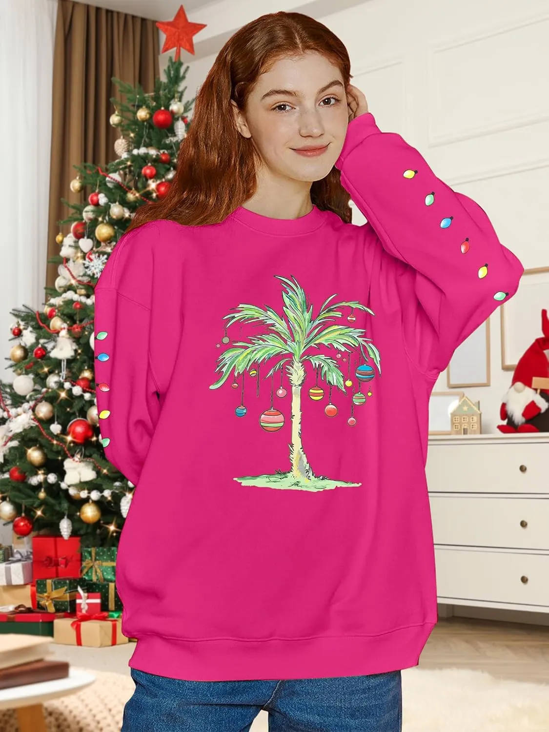 FAYALEQ Christmas Oversized Sweatshirts Women Christmas Palm tree Long Sleeve Shirt Xmas Beach Tropical Crewneck pullover