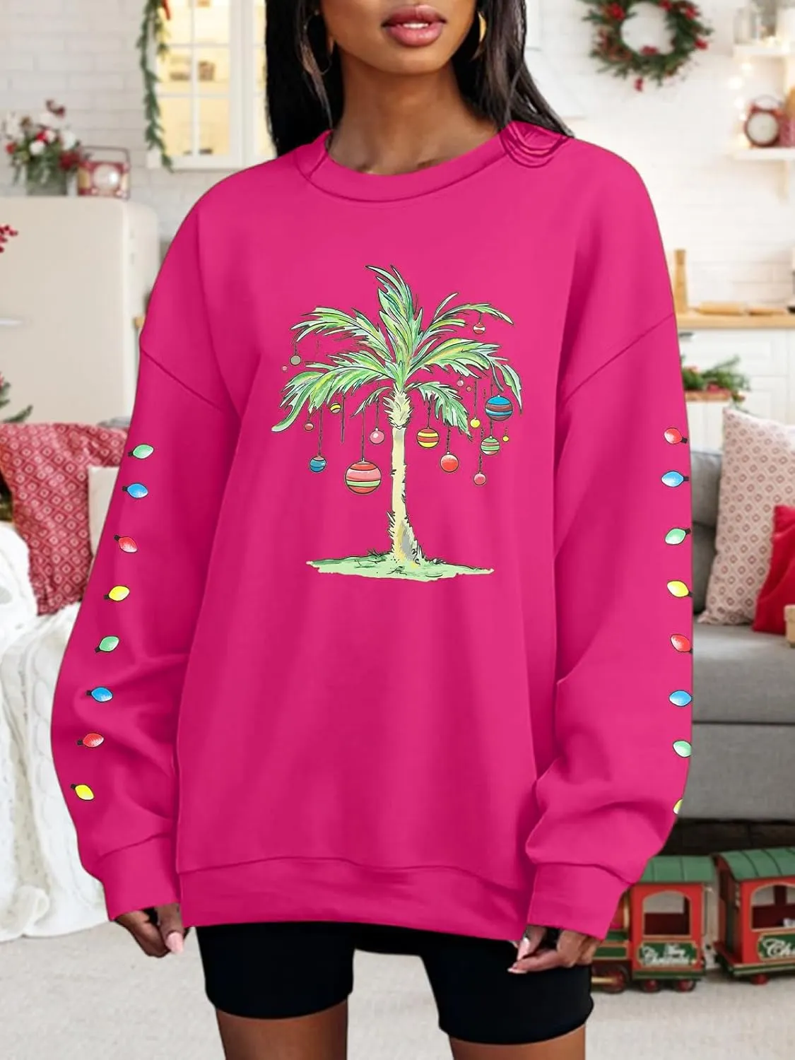 FAYALEQ Christmas Oversized Sweatshirts Women Christmas Palm tree Long Sleeve Shirt Xmas Beach Tropical Crewneck pullover