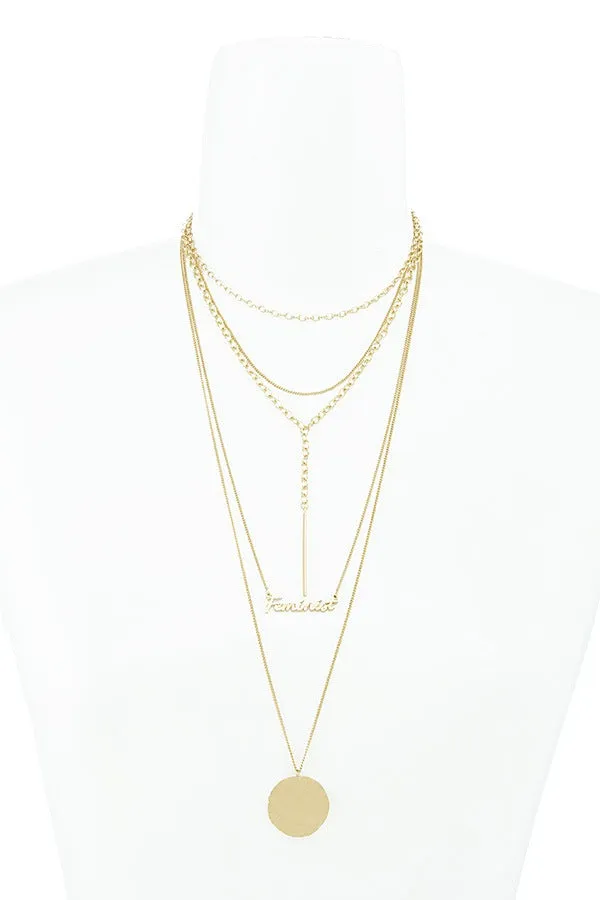 Feminist lettered multi layer geometric necklace