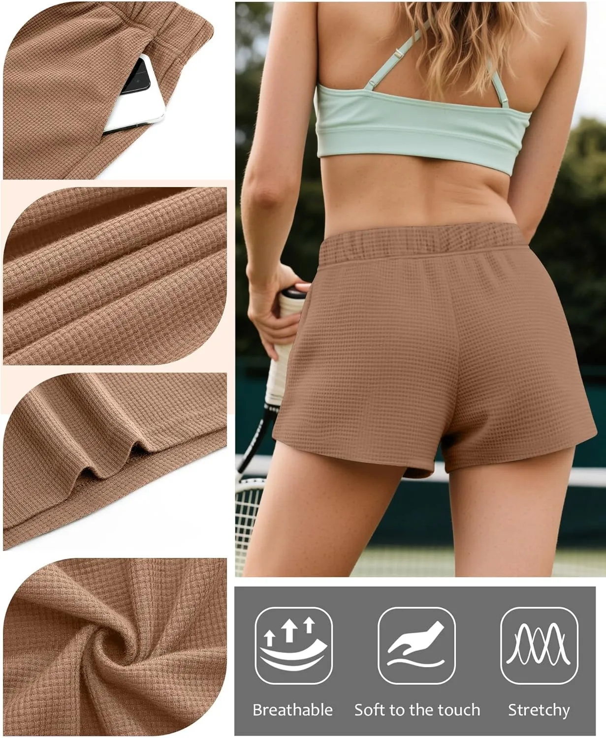Ficerd 3 Pack Women's Sweat Shorts Waffle Knit Elastic High Waisted Lounge Summer Casual Comfy Outfit with Pockets