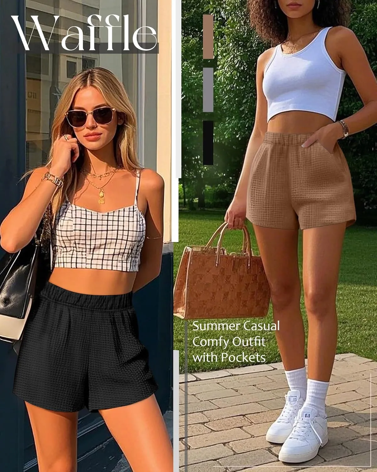 Ficerd 3 Pack Women's Sweat Shorts Waffle Knit Elastic High Waisted Lounge Summer Casual Comfy Outfit with Pockets