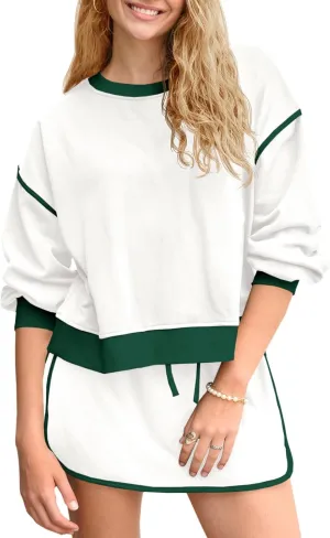 Fisoew Womens Sweatsuits 2 Piece Set Crewneck Sweatshirts High Waisted Skort Skirts Tennis Running Tracksuits Shorts Sets