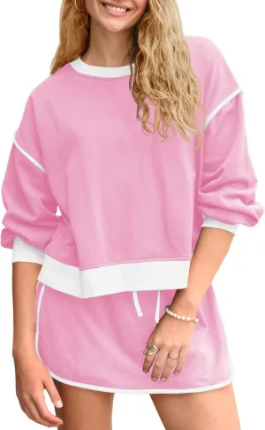 Fisoew Womens Sweatsuits 2 Piece Set Crewneck Sweatshirts High Waisted Skort Skirts Tennis Running Tracksuits Shorts Sets
