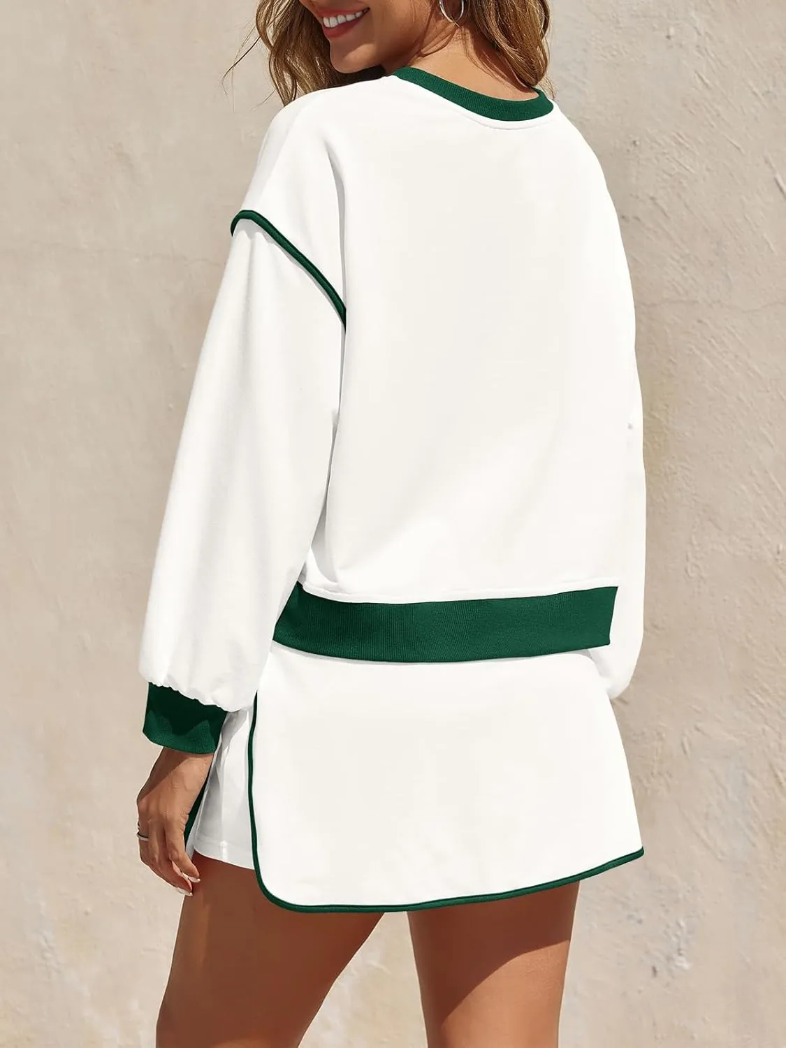 Fisoew Womens Sweatsuits 2 Piece Set Crewneck Sweatshirts High Waisted Skort Skirts Tennis Running Tracksuits Shorts Sets