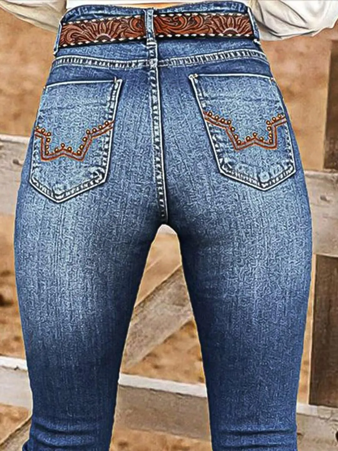 Flamingals High Waisted Bootcut Jeans for Women Stretchy Embroidered Beaded Raw Hem Vintage Flare Leg Jeans Without Belt