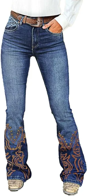 Flamingals High Waisted Bootcut Jeans for Women Stretchy Embroidered Beaded Raw Hem Vintage Flare Leg Jeans Without Belt