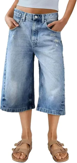Flamingals Women's Ripped Mid Waist Straight Leg Capri Jeans