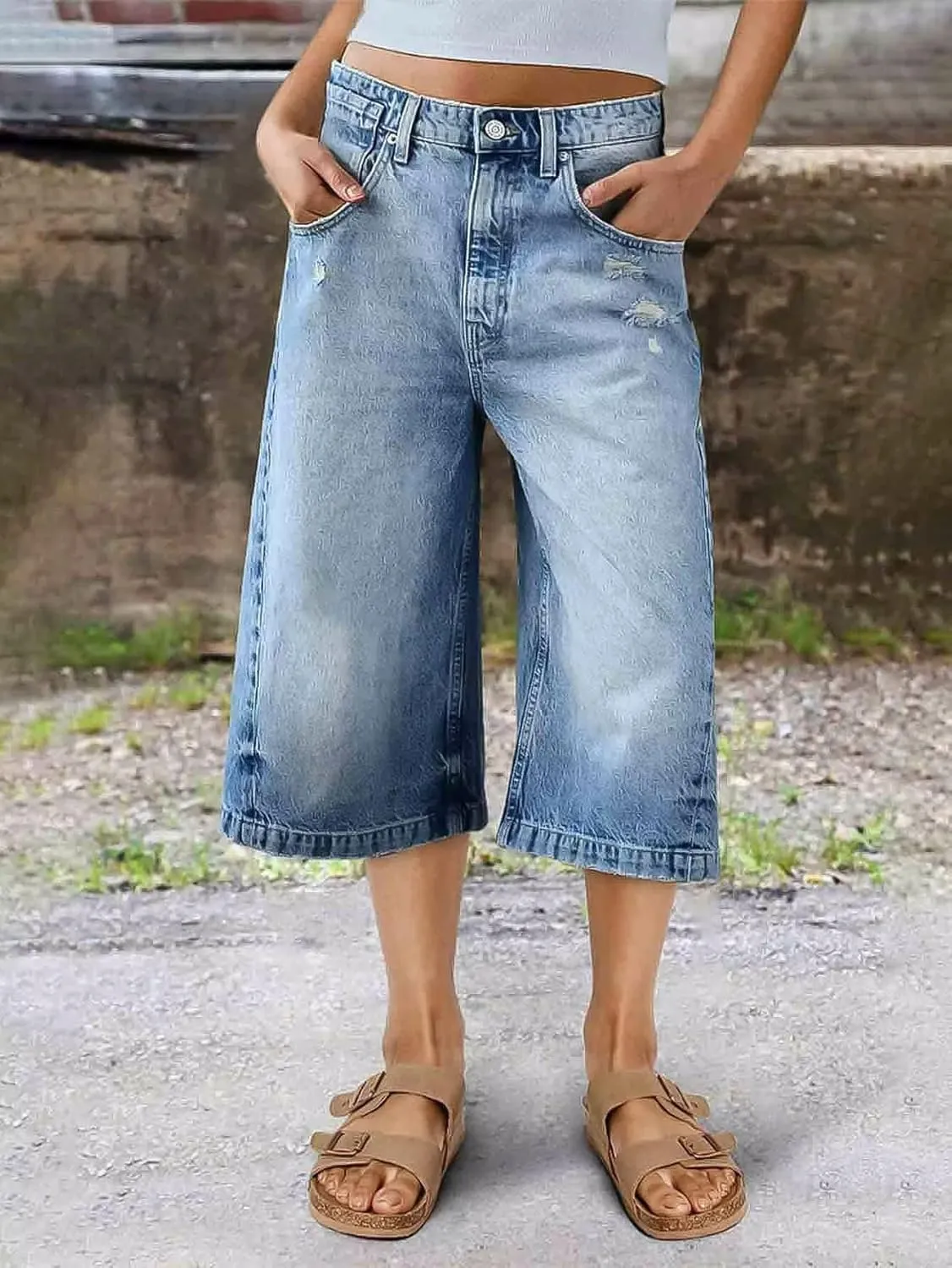 Flamingals Women's Ripped Mid Waist Straight Leg Capri Jeans
