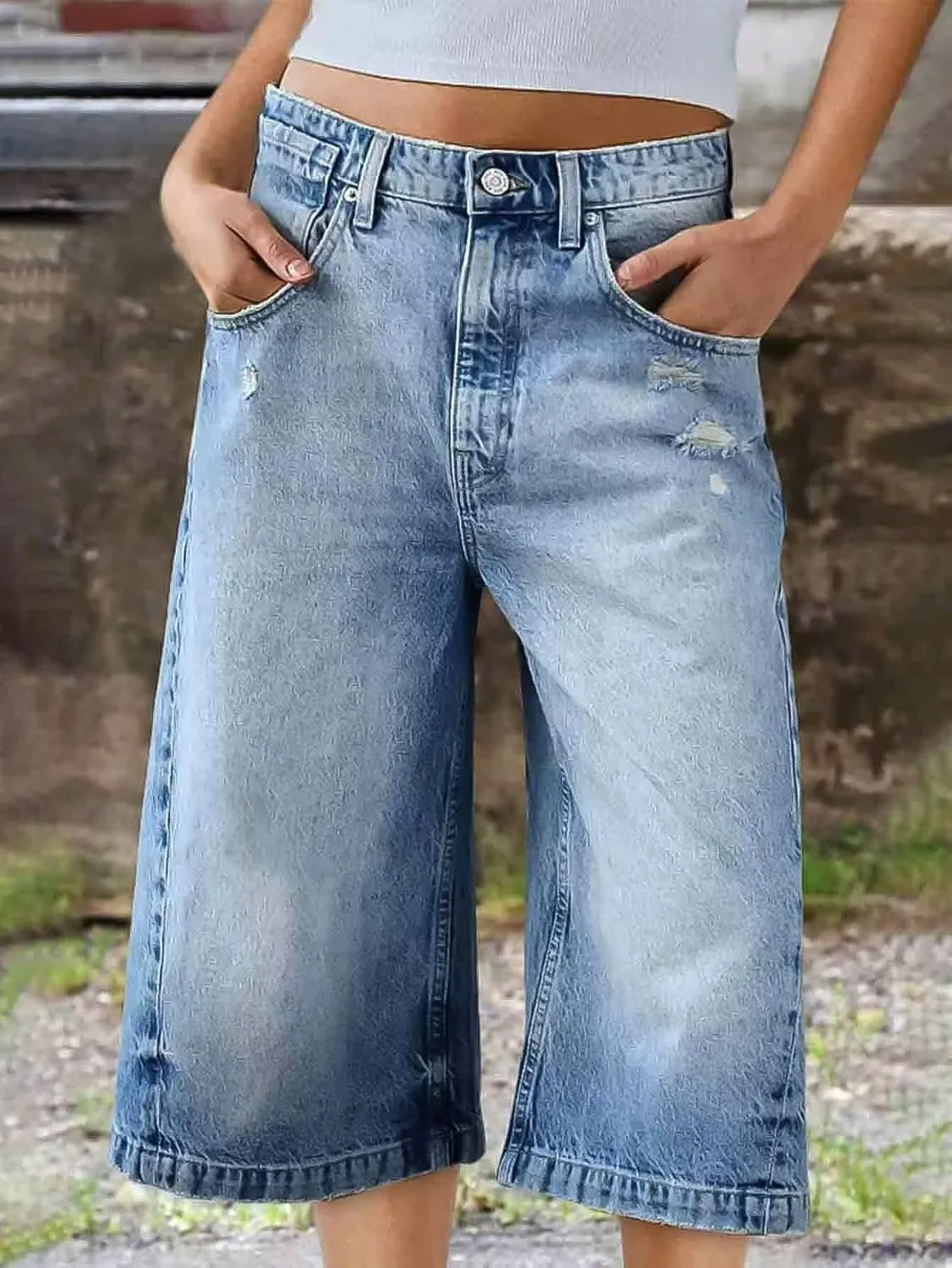 Flamingals Women's Ripped Mid Waist Straight Leg Capri Jeans
