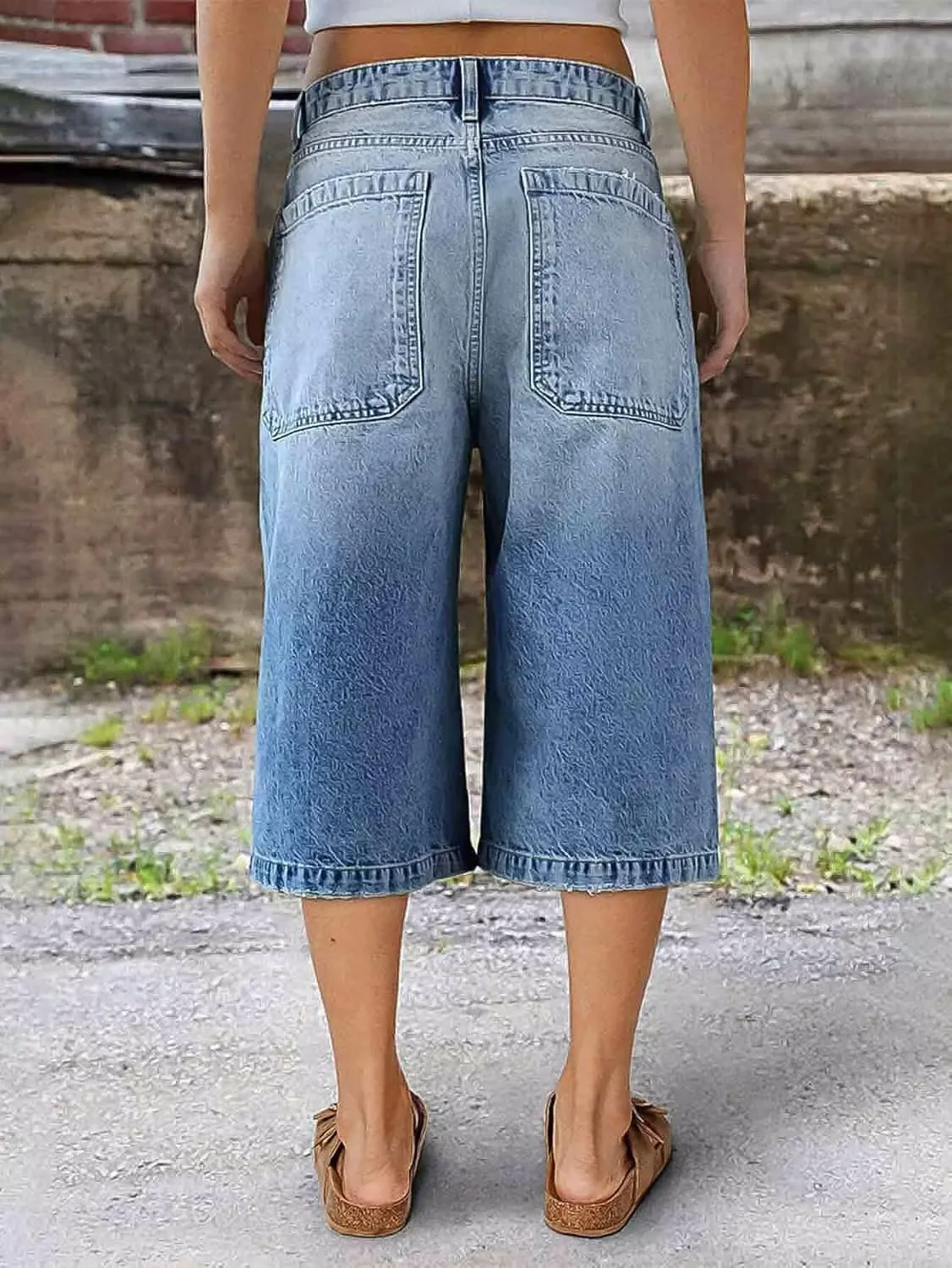 Flamingals Women's Ripped Mid Waist Straight Leg Capri Jeans