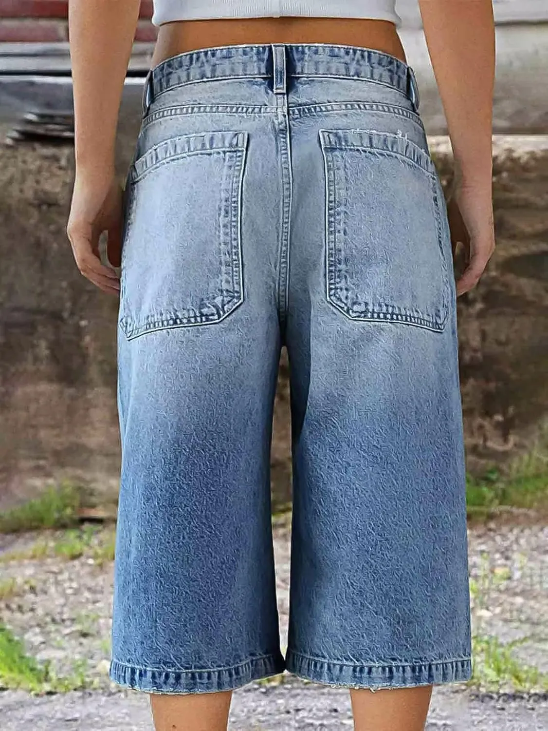 Flamingals Women's Ripped Mid Waist Straight Leg Capri Jeans