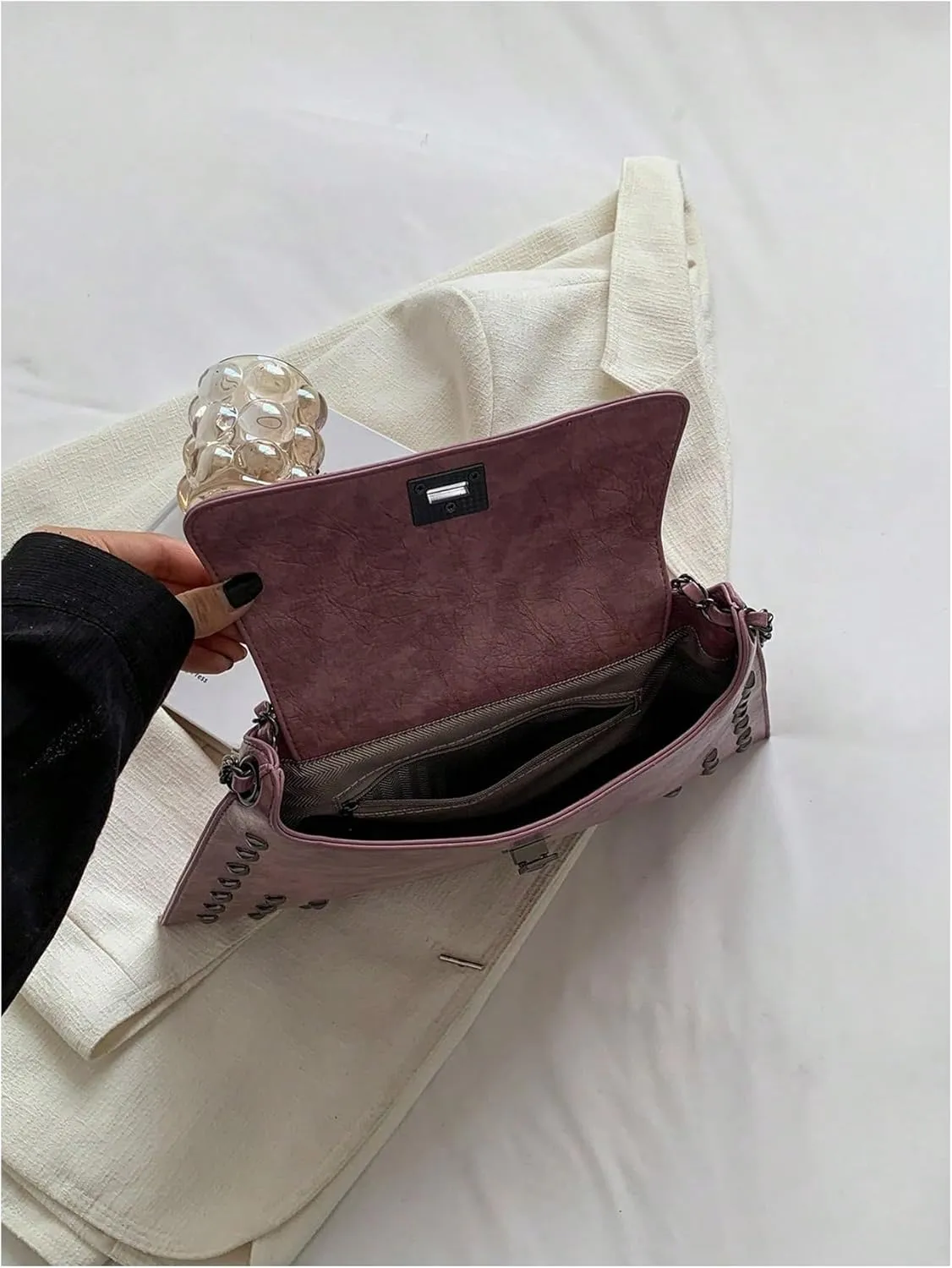 Floerns Women's Rivet Studded Detail Hobo Handle Handbag Twist Lock Flap Shoulder Bag