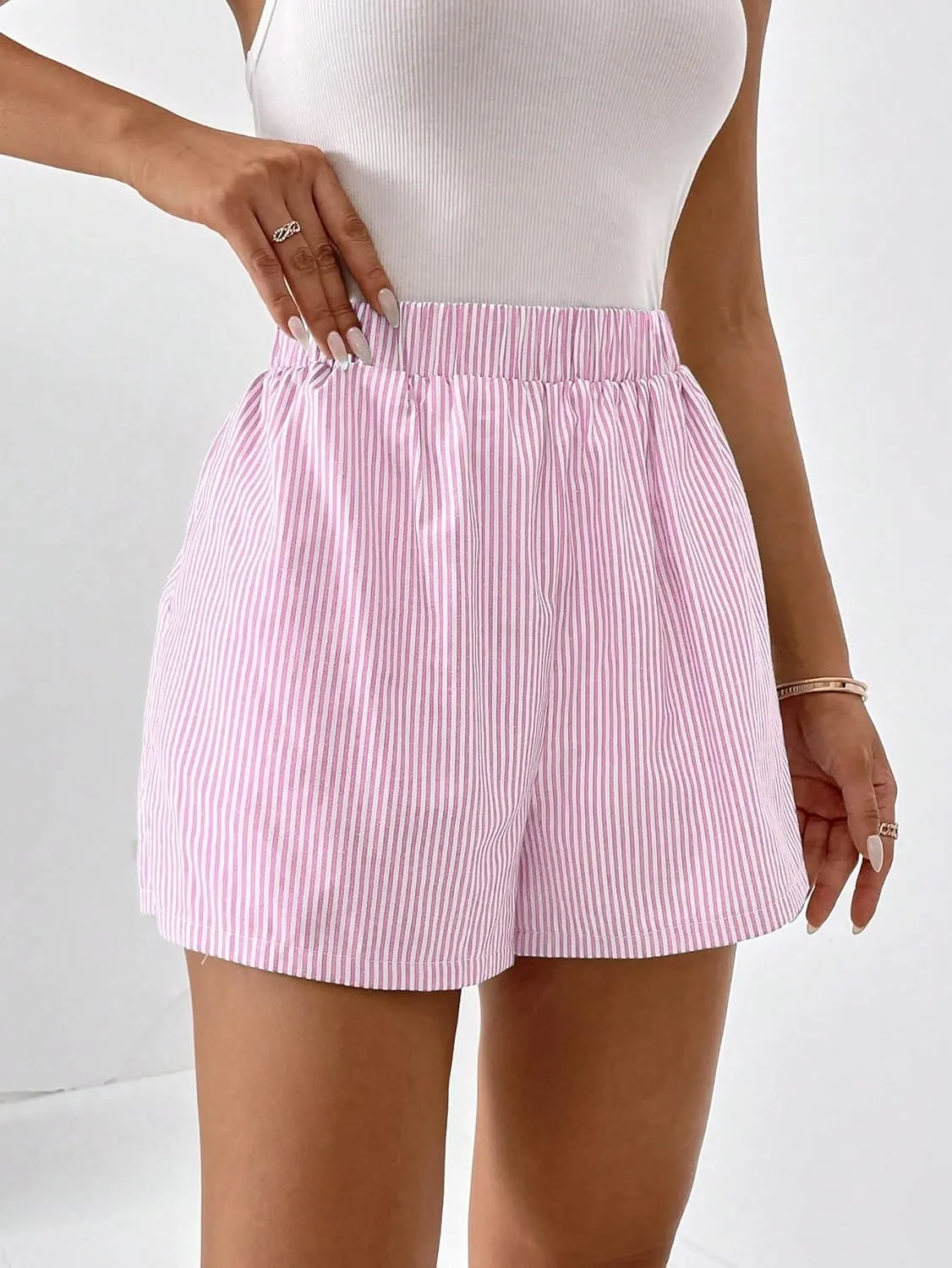 Floerns Women's Striped Print Elastic High Waist Wide Leg Casual Shorts