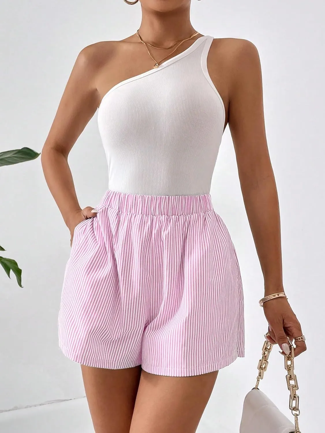 Floerns Women's Striped Print Elastic High Waist Wide Leg Casual Shorts