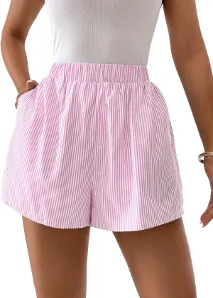 Floerns Women's Striped Print Elastic High Waist Wide Leg Casual Shorts