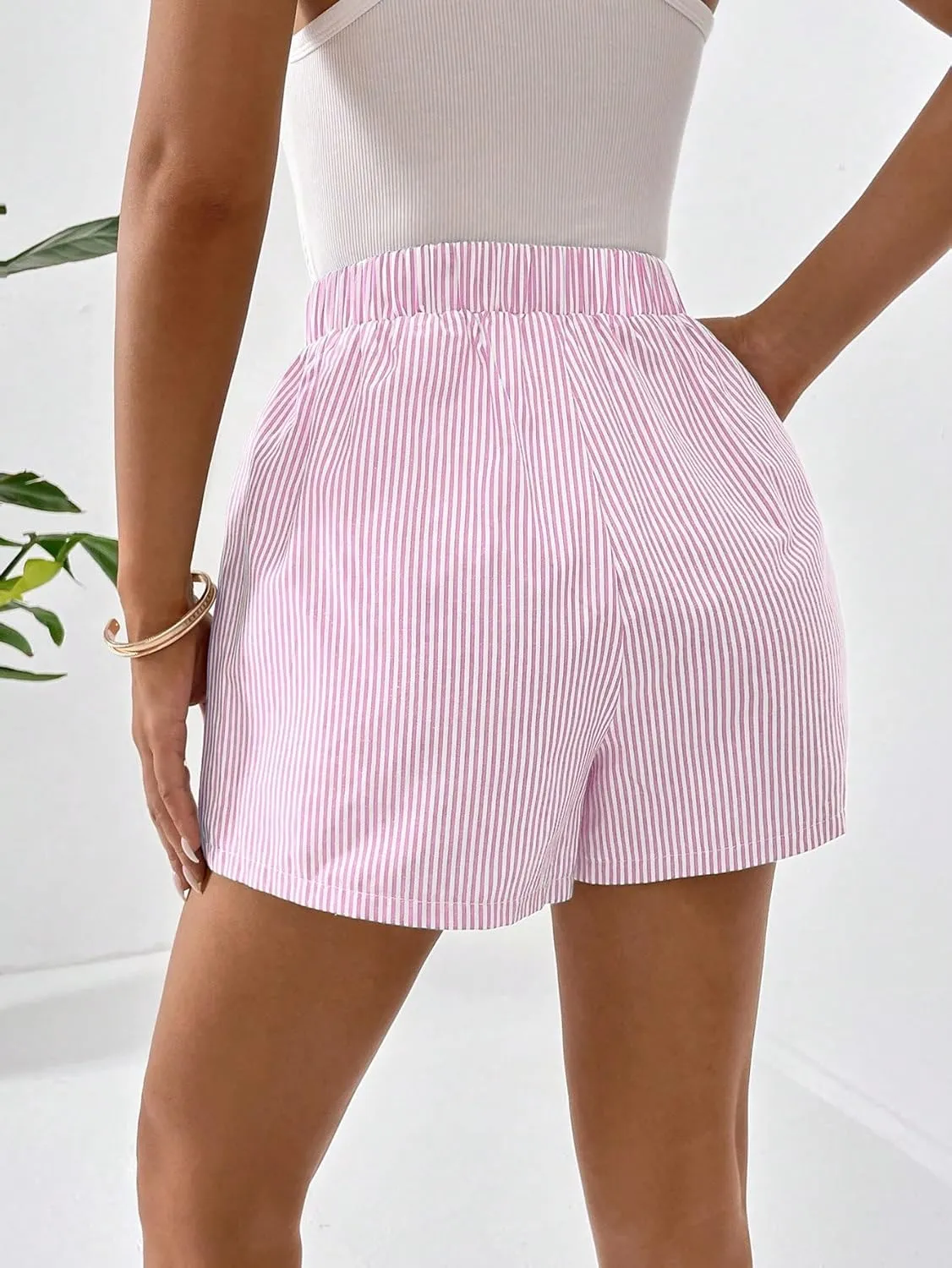 Floerns Women's Striped Print Elastic High Waist Wide Leg Casual Shorts