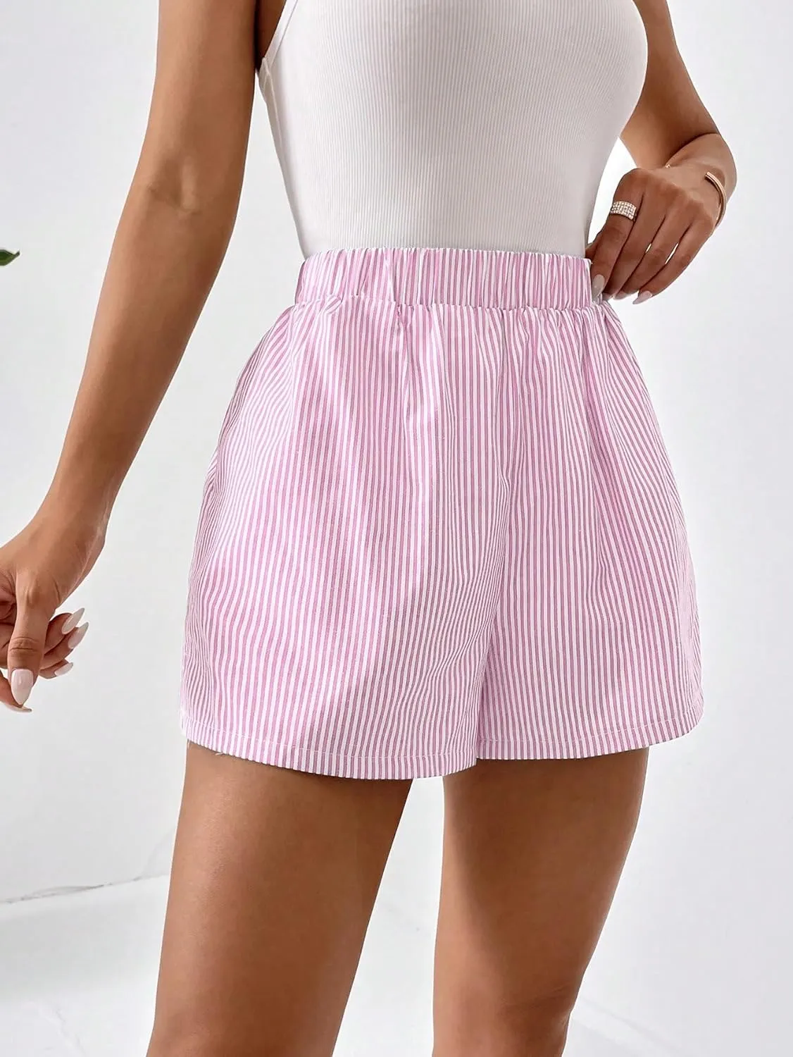 Floerns Women's Striped Print Elastic High Waist Wide Leg Casual Shorts