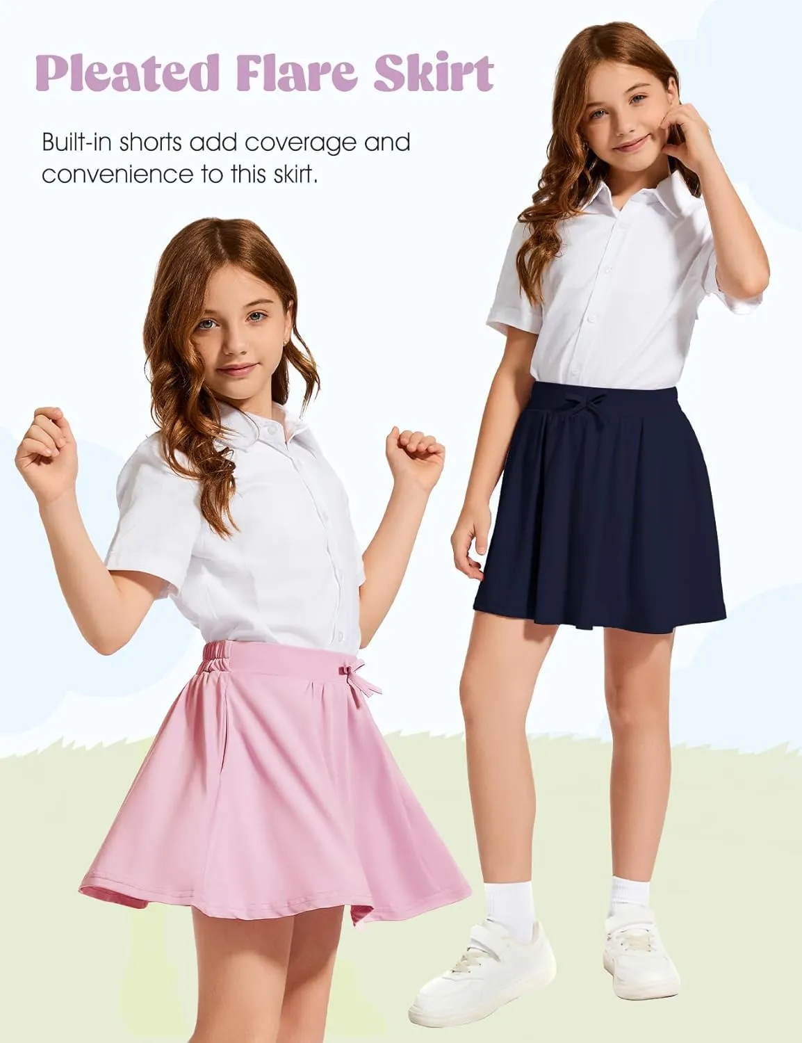 Flygo 2 Pack Girls Skirts Mini Skorts Pleated Flare High Waist Athletic Tennis Uniform Skirt Built in Shorts with Pockets