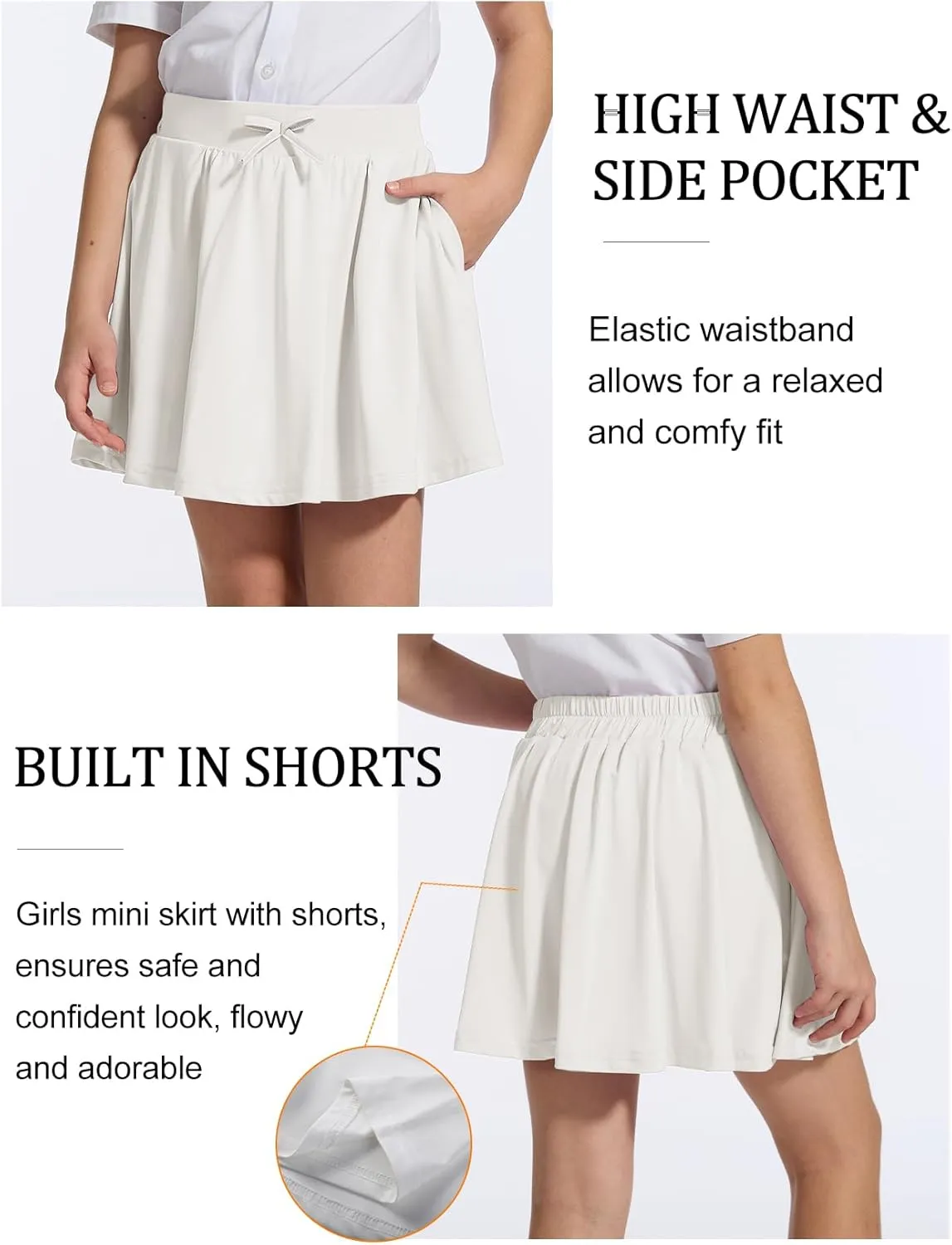Flygo 2 Pack Girls Skirts Mini Skorts Pleated Flare High Waist Athletic Tennis Uniform Skirt Built in Shorts with Pockets