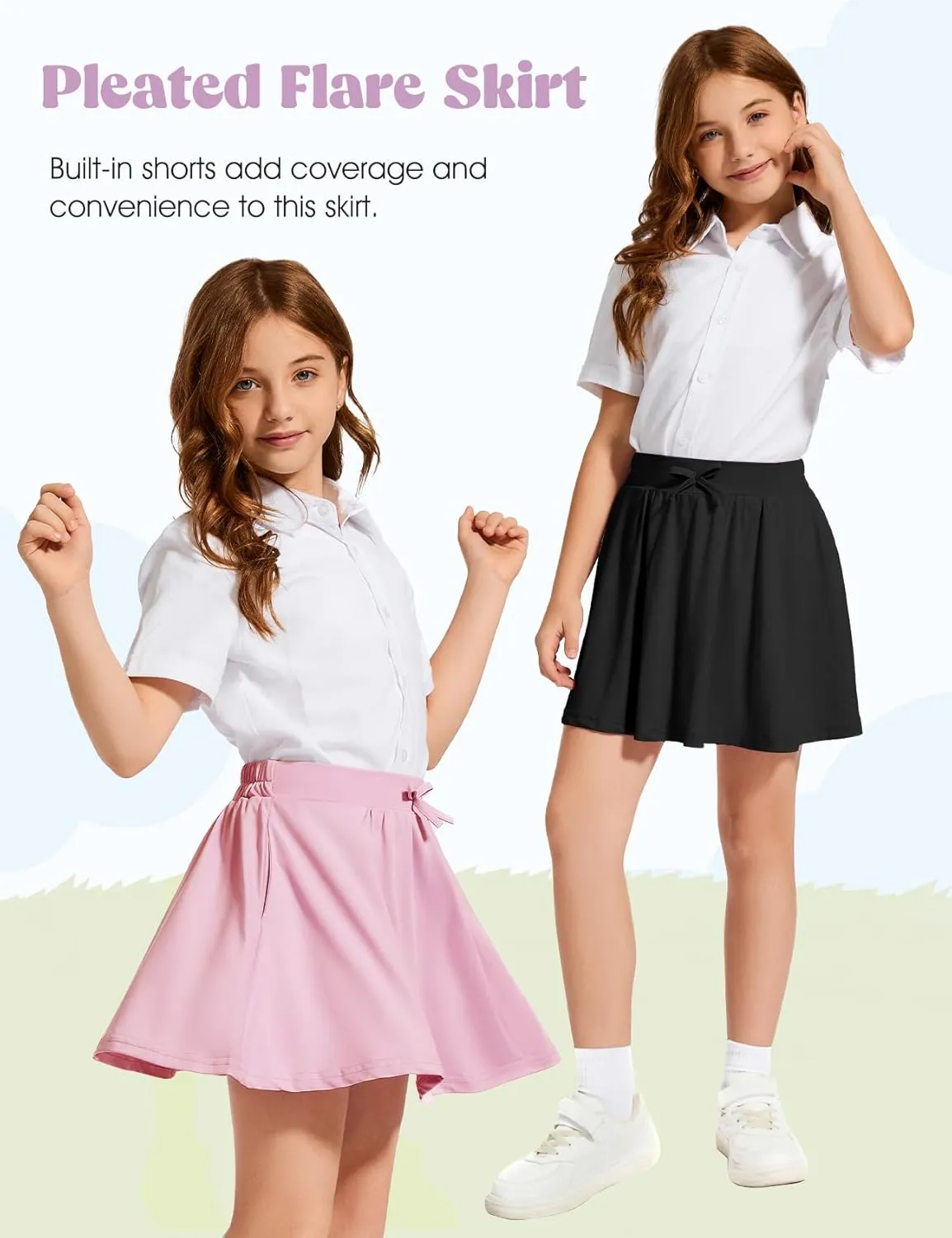 Flygo 2 Pack Girls Skirts Mini Skorts Pleated Flare High Waist Athletic Tennis Uniform Skirt Built in Shorts with Pockets